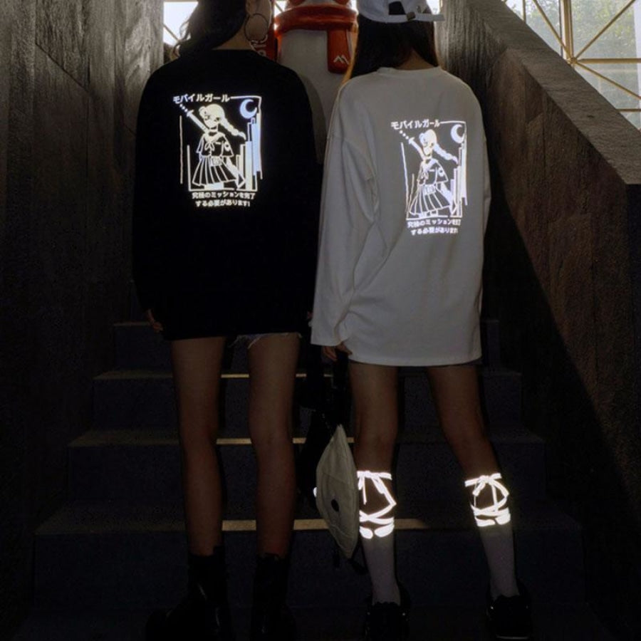 Japanese Reflective Print Buckle Oversized Sweatshirt J40235