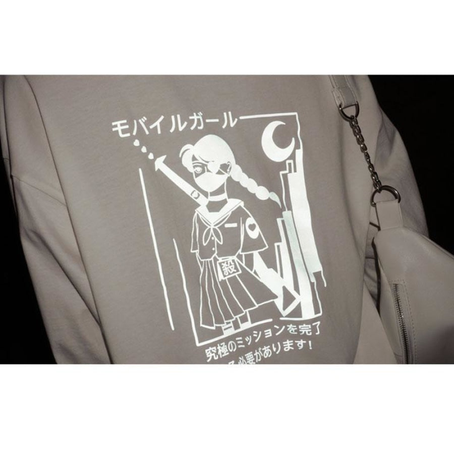 Japanese Reflective Print Buckle Oversized Sweatshirt J40235