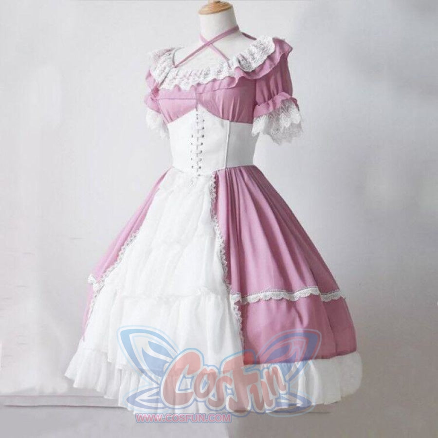 Lace Ball Gown Medieval Dress Gothic Palace Princess Lolita Women Retro Cosplay J30087 Pink / S