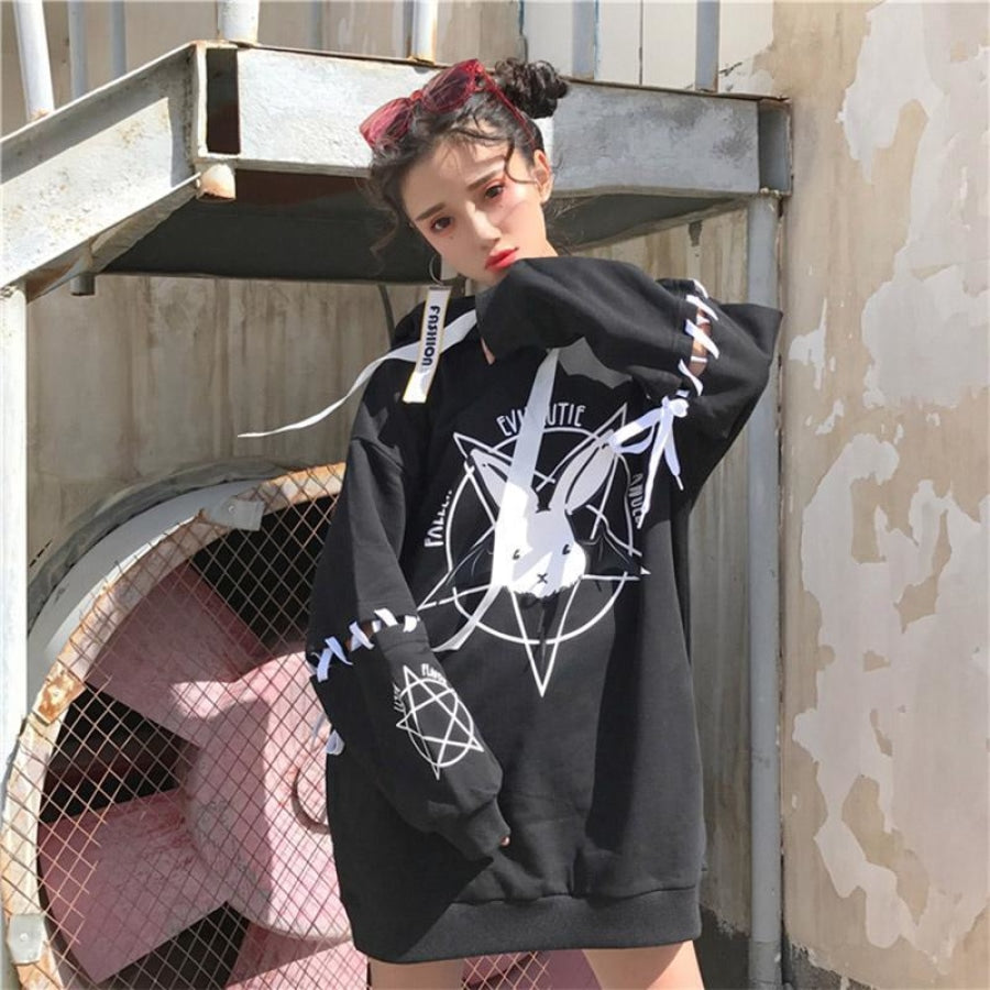 Loose Lace Up Sleeves Rabbit Hoodie Mp005932 Sweatshirt