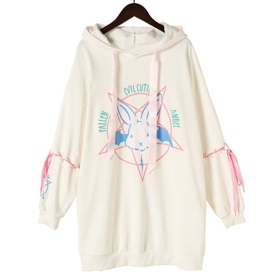 Loose Lace Up Sleeves Rabbit Hoodie Mp005932 White / S Sweatshirt