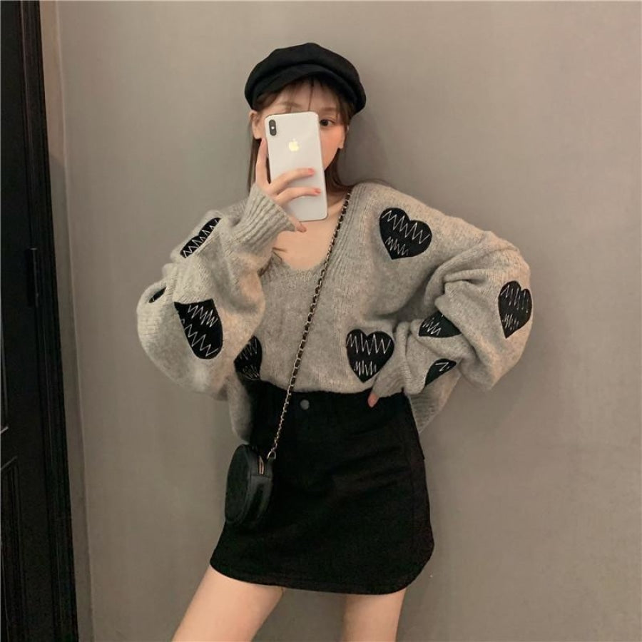 Love Heart Embroidery Ecg Loose Sweater Mp005940 Sweatshirt