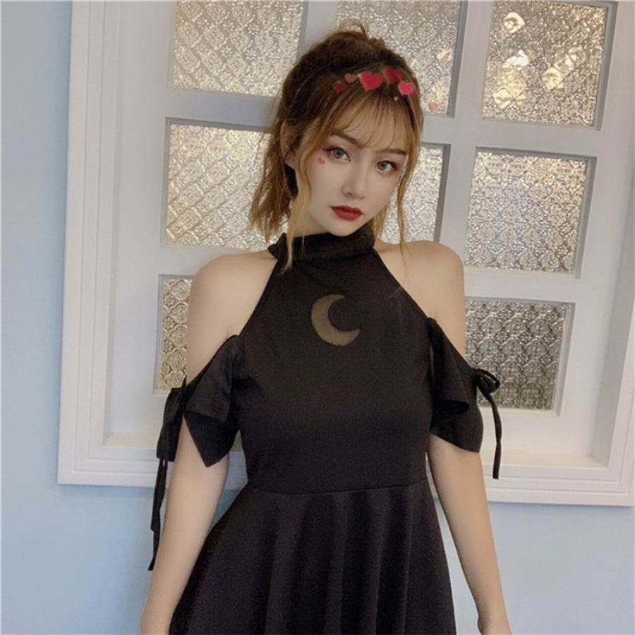 Moon Hollow Out Black Halter Dress