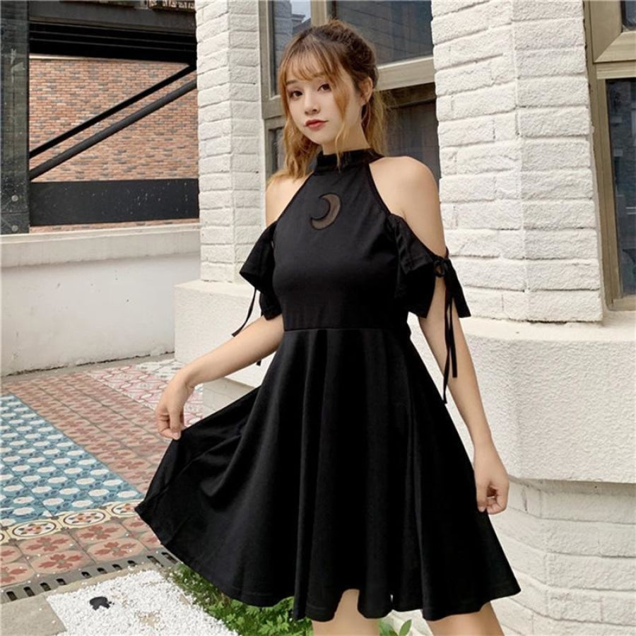 Moon Hollow Out Black Halter Dress