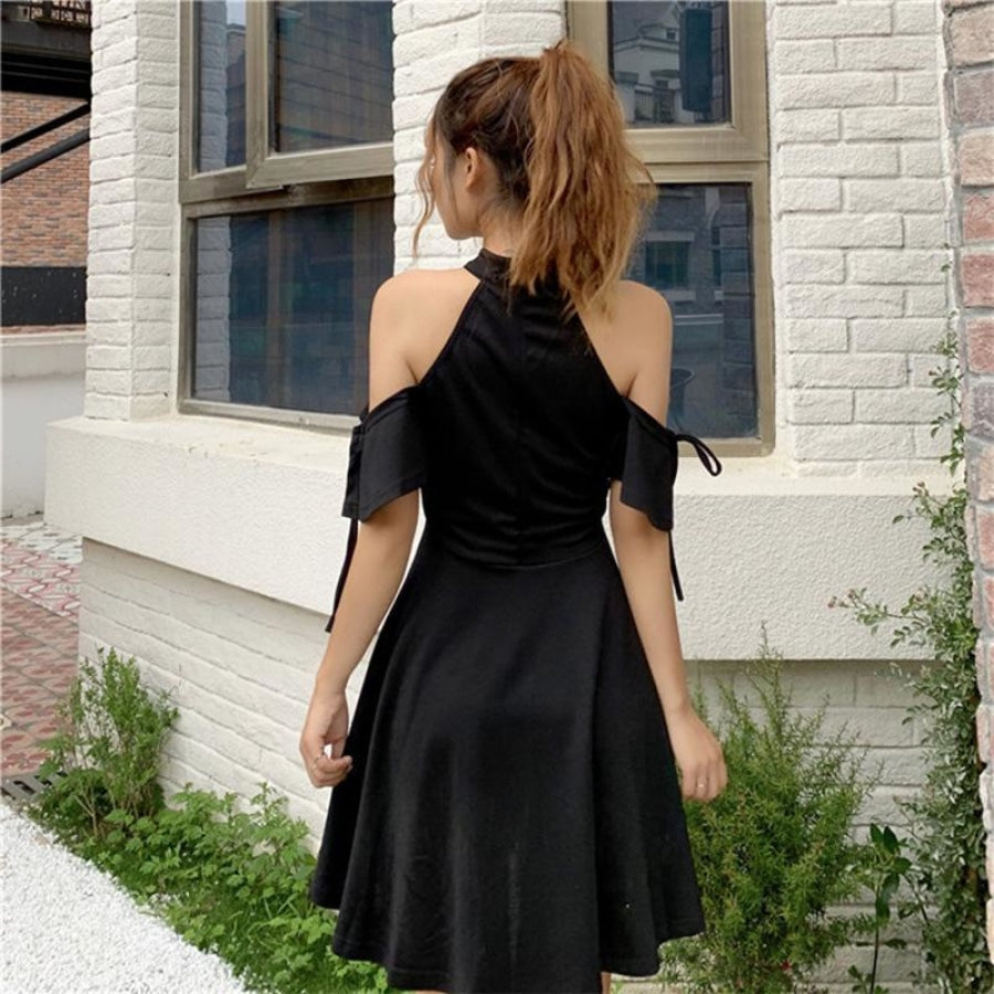 Moon Hollow Out Black Halter Dress