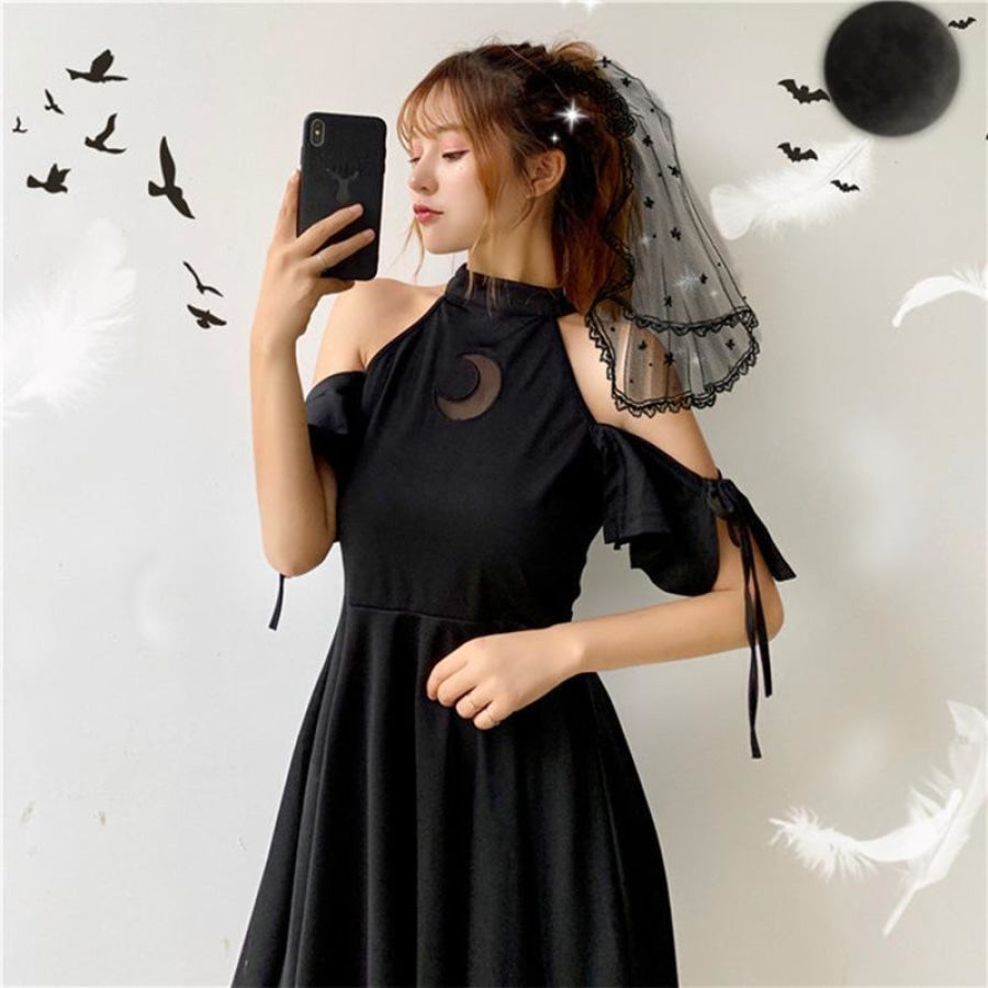 Moon Hollow Out Black Halter Dress