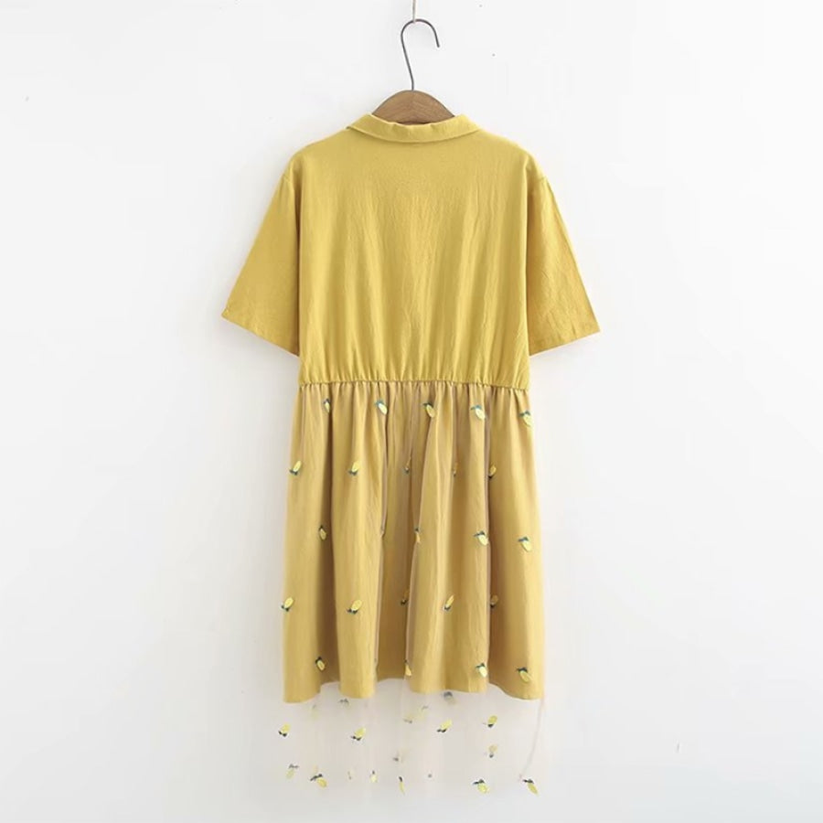 Pineapple Embroidery Polo Mesh Smocking Dress