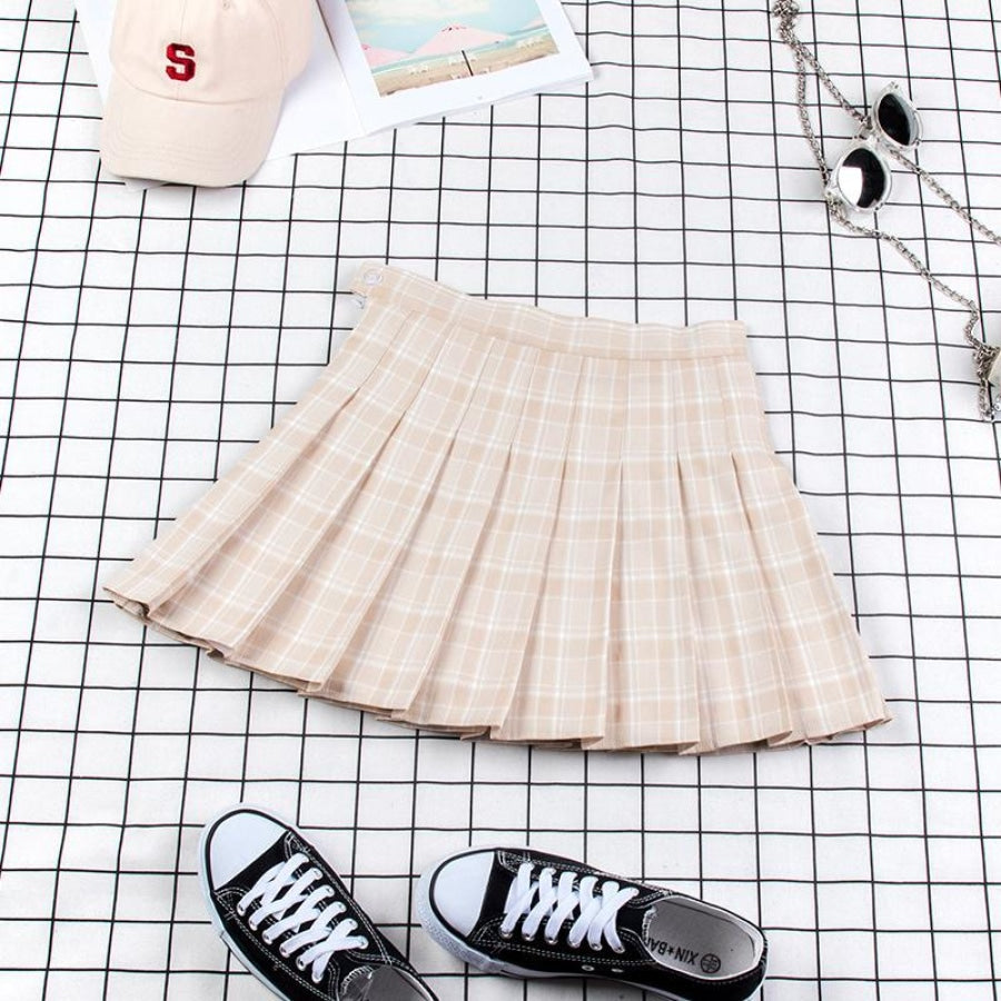 Plaid Uniform A-Line Hight Waist Pleated Skirt C00025 Apricot / S