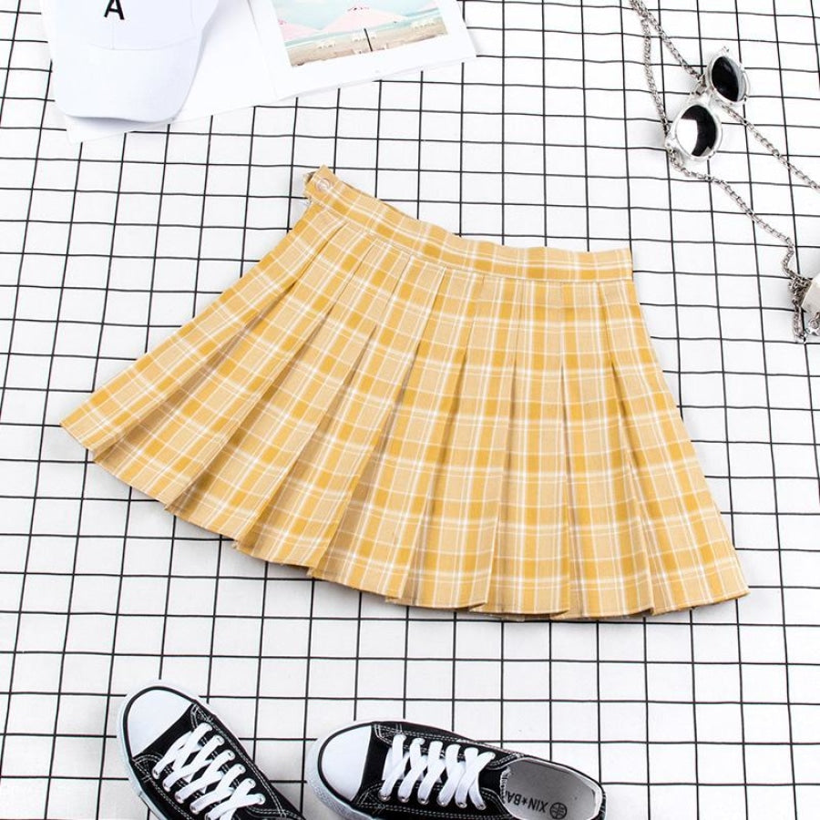 Plaid Uniform A-Line Hight Waist Pleated Skirt C00025 Yellow / S