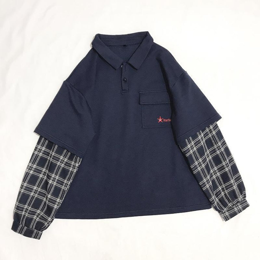 Polo Plaid Starfish Embroidery Pocket Sweatshirt J10027 Blue