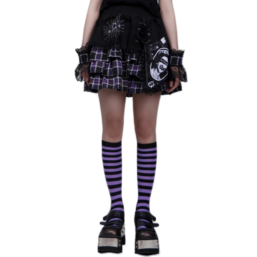 Punk Print Irregular Stitched Lace-Up Mini Cake Lolita Skirt