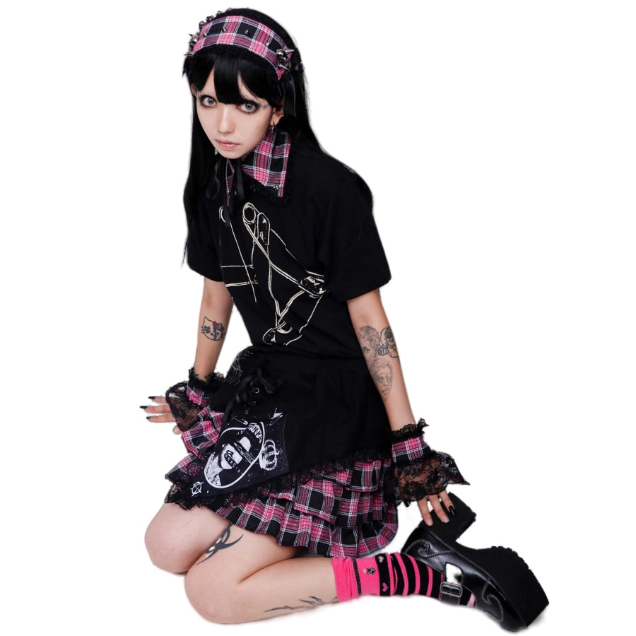 Punk Print Irregular Stitched Lace-Up Mini Cake Lolita Skirt