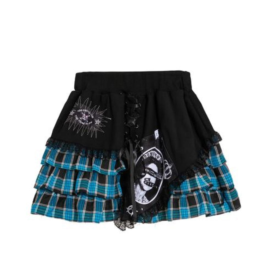 Punk Print Irregular Stitched Lace-Up Mini Cake Lolita Skirt Blue / One Size