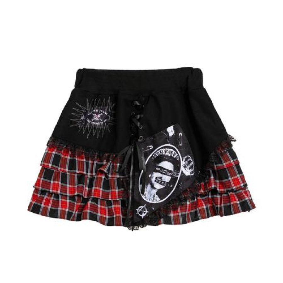 Punk Print Irregular Stitched Lace-Up Mini Cake Lolita Skirt Red / One Size