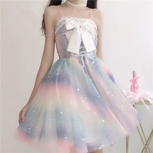Rainbow Star Bow Lace Up Sweet Tulle Slip Dress J40130 - cosfun