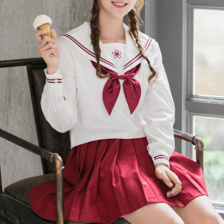 Red Sakura Blossom Embroidered Sailor School Uniform J40129