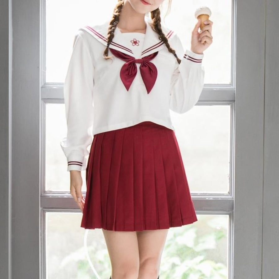 Red Sakura Blossom Embroidered Sailor School Uniform J40129