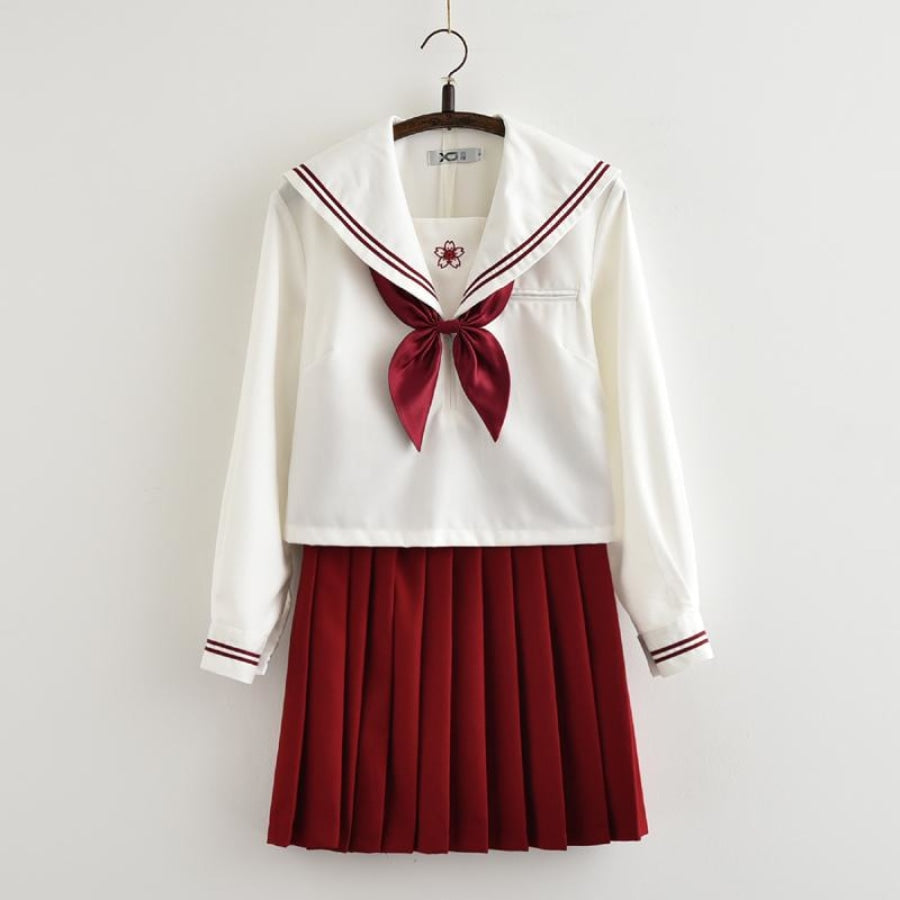 Red Sakura Blossom Embroidered Sailor School Uniform J40129 Long Sleeve / S