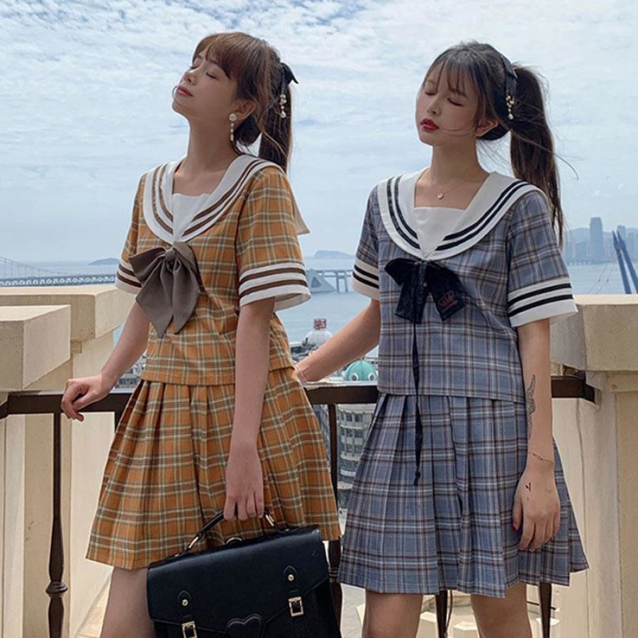 Sailor Collar Check Striped School Uniform J40169