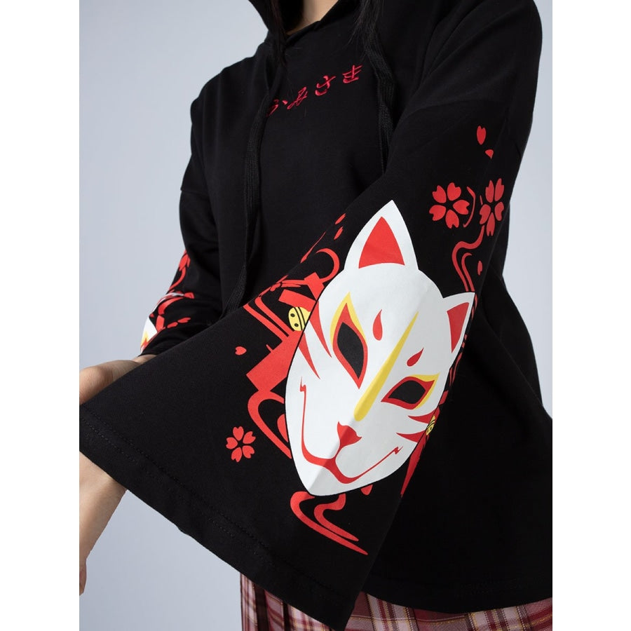Sakura Fox Mask Print Drawstring Hoodie mp006002 - cosfun