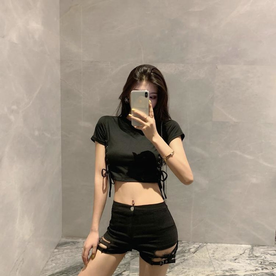 Sexy Look Slim Bar Disco Hot Pants Side Laced Up T-Shirt Summer Cool Girl Set