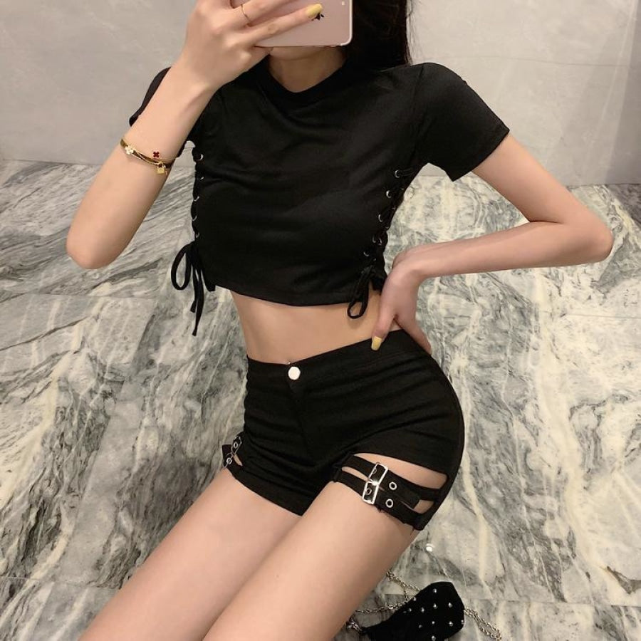 Sexy Look Slim Bar Disco Hot Pants Side Laced Up T-Shirt Summer Cool Girl Set