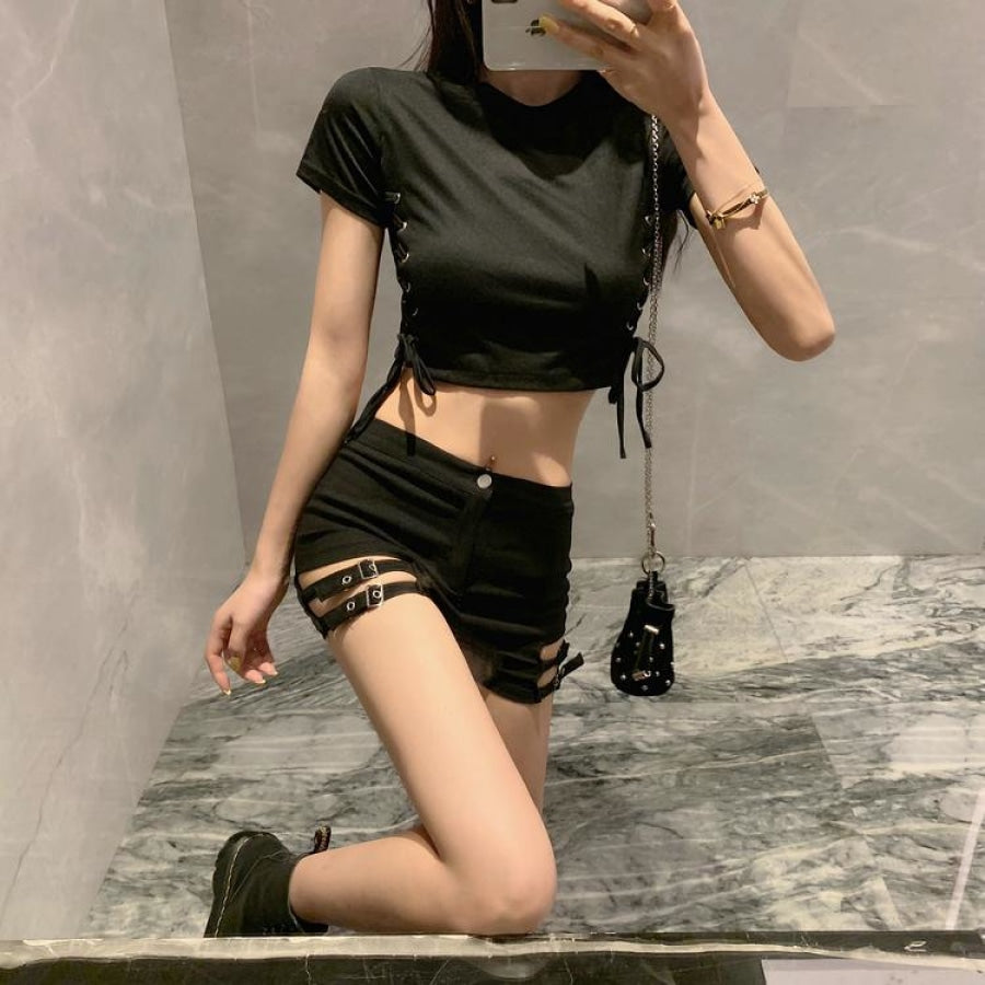 Sexy Look Slim Bar Disco Hot Pants Side Laced Up T-Shirt Summer Cool Girl Set