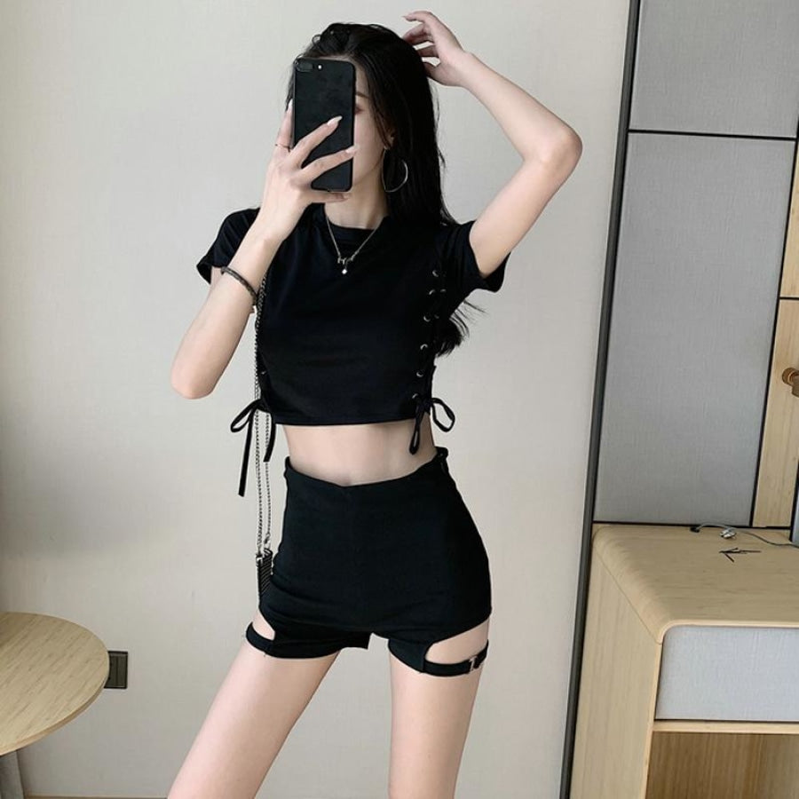 Sexy Look Slim Bar Disco Hot Pants Side Laced Up T-Shirt Summer Cool Girl Set