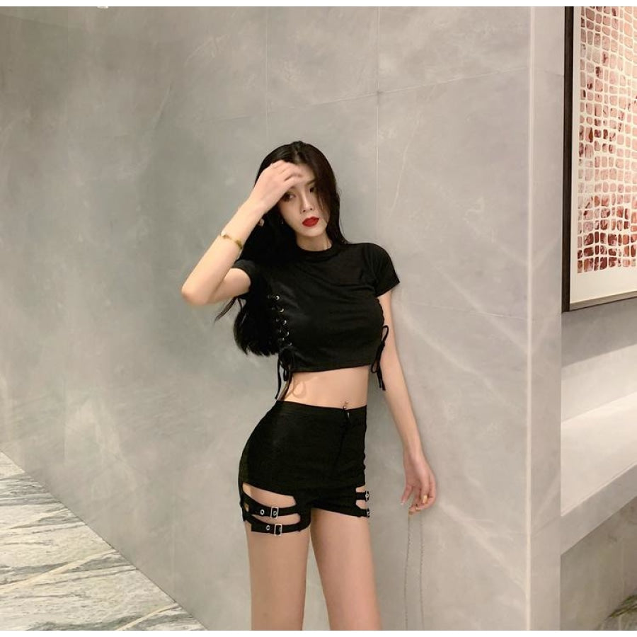 Sexy Look Slim Bar Disco Hot Pants Side Laced Up T-Shirt Summer Cool Girl Set