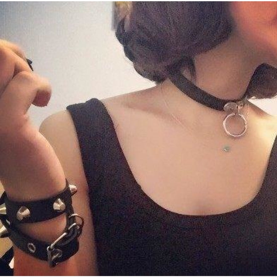 Sexy Punk Metal Love Ring Leather Garter Choker Necklace J40782 Props & Accessories