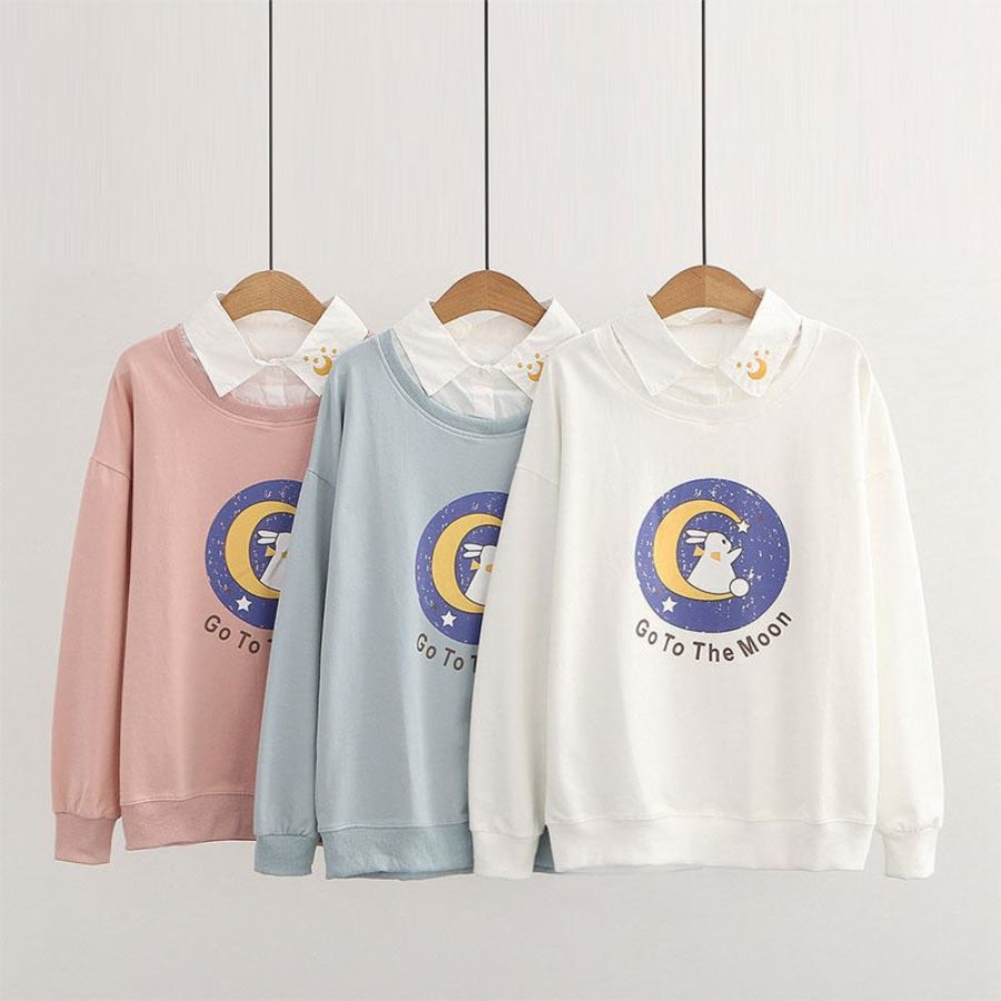 Shirt Collar Bunny Letter Print Moon Embroidery False Two Pieces Sweatshirt J30027