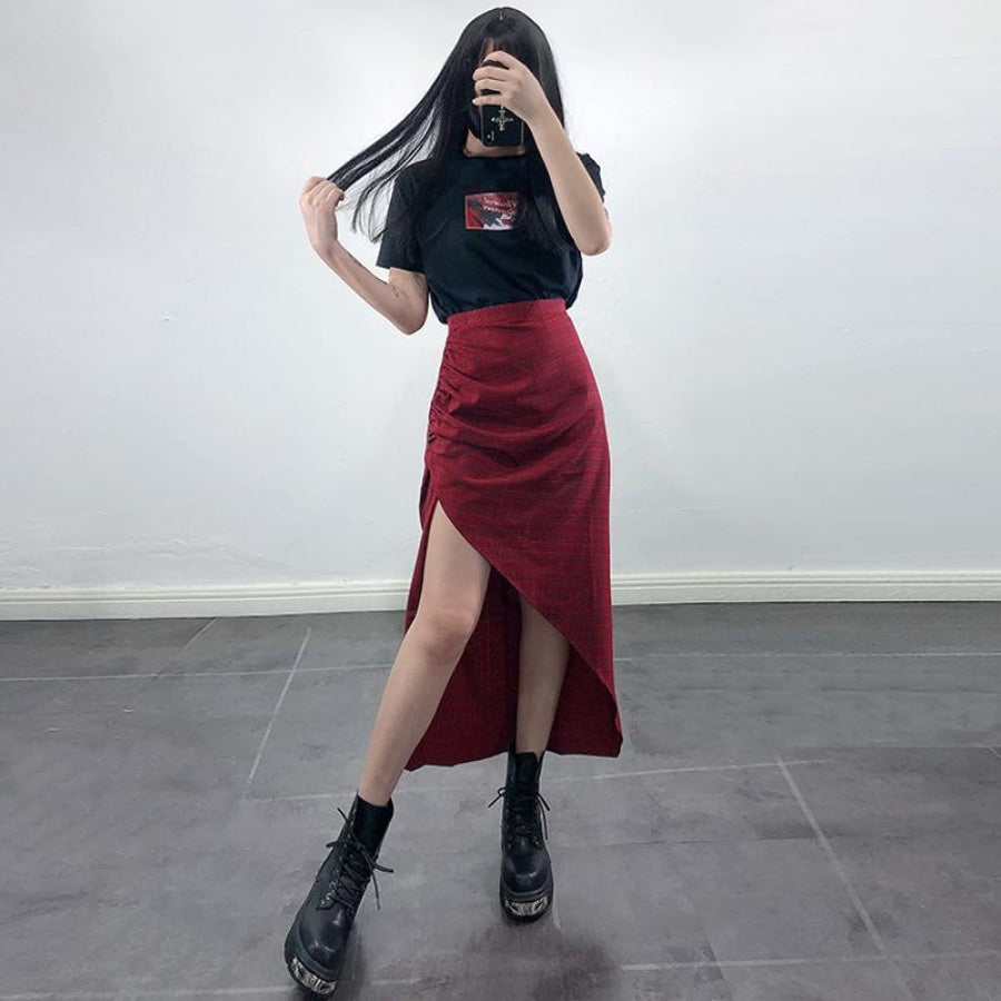 Side Slit Check Asymmetric Hem Skirt Dress