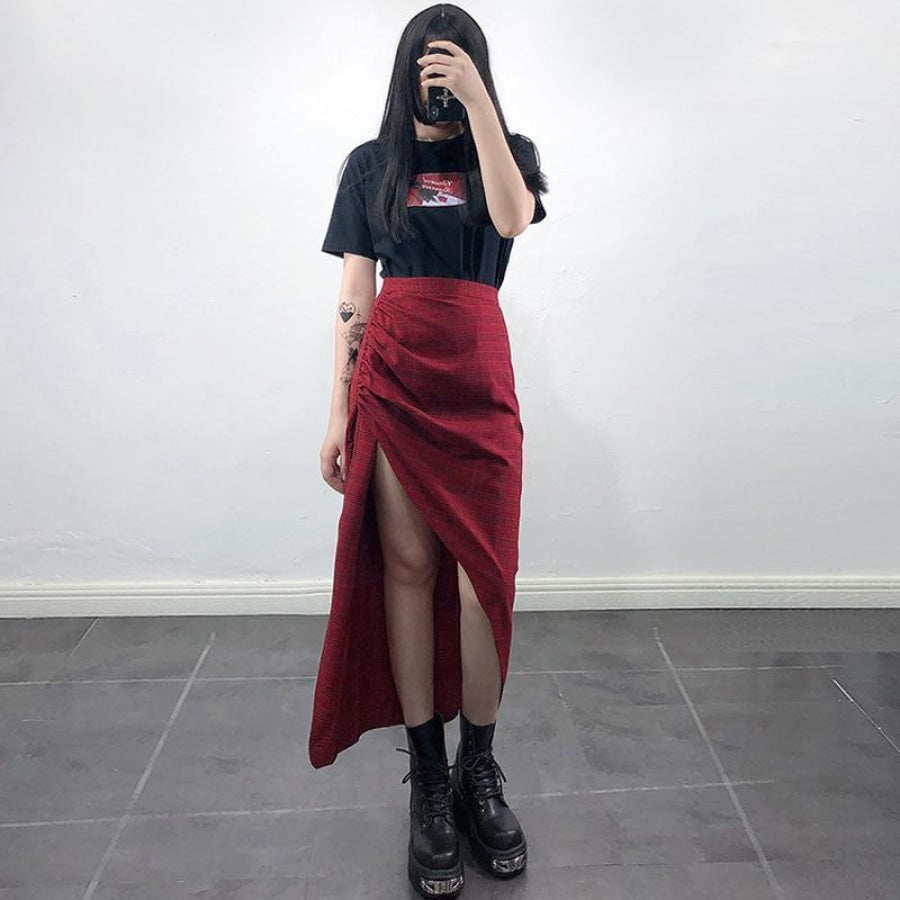 Side Slit Check Asymmetric Hem Skirt Dress