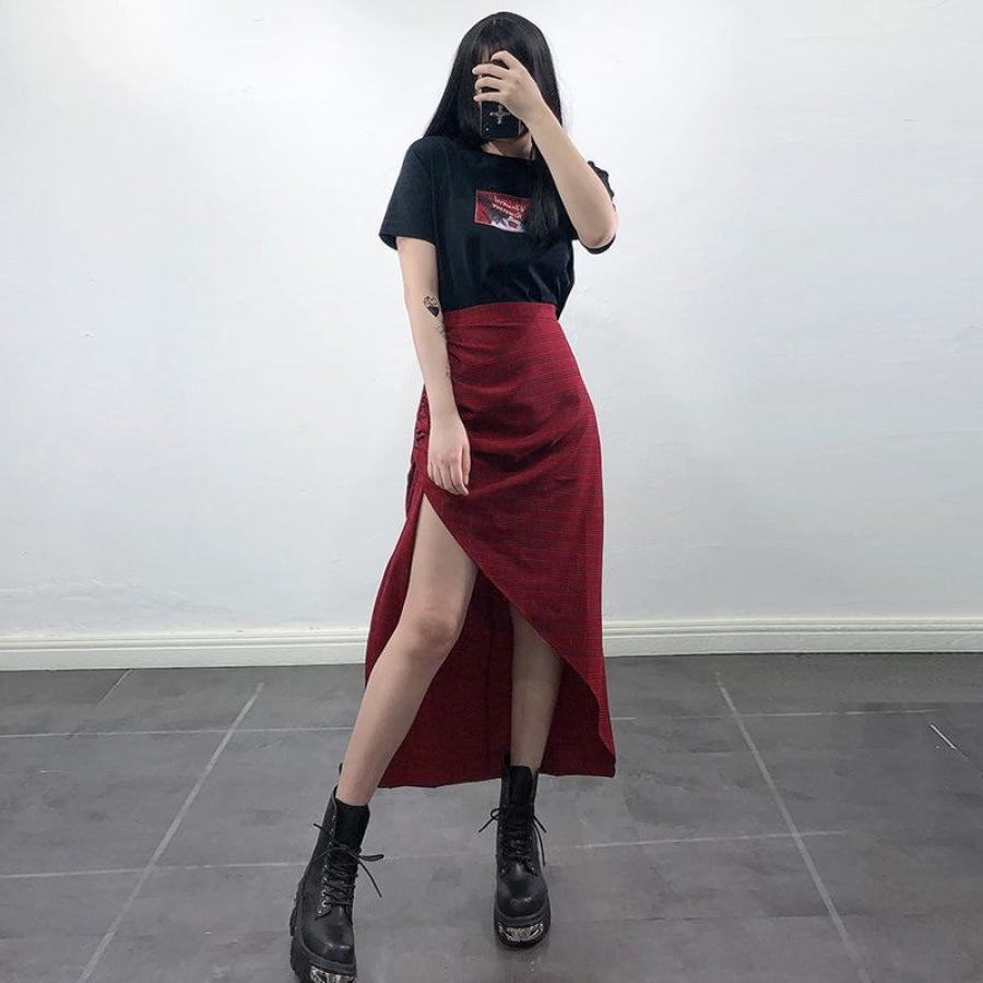 Side Slit Check Asymmetric Hem Skirt Dress