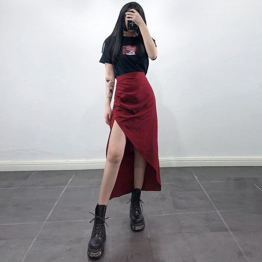 Side Slit Check Asymmetric Hem Skirt Dress