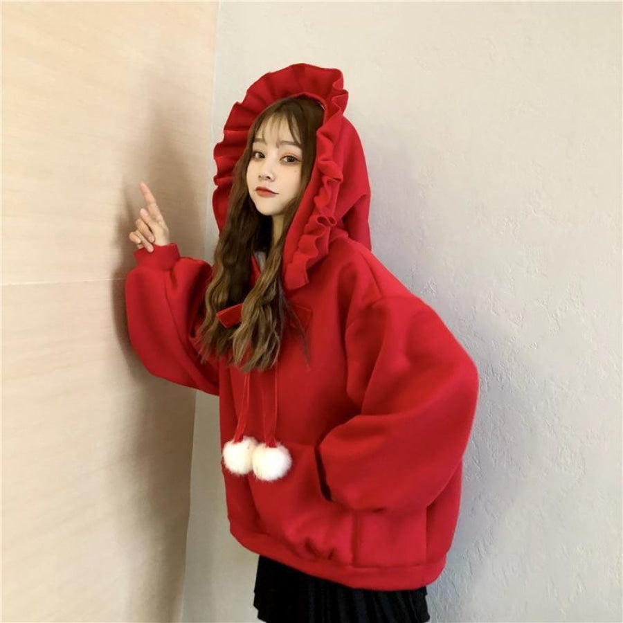 Solid Fuzzy Ball Ruffle Witch Hoodie Knotted Tie Sweatshirt