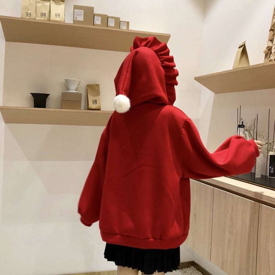 Solid Fuzzy Ball Ruffle Witch Hoodie Knotted Tie Sweatshirt