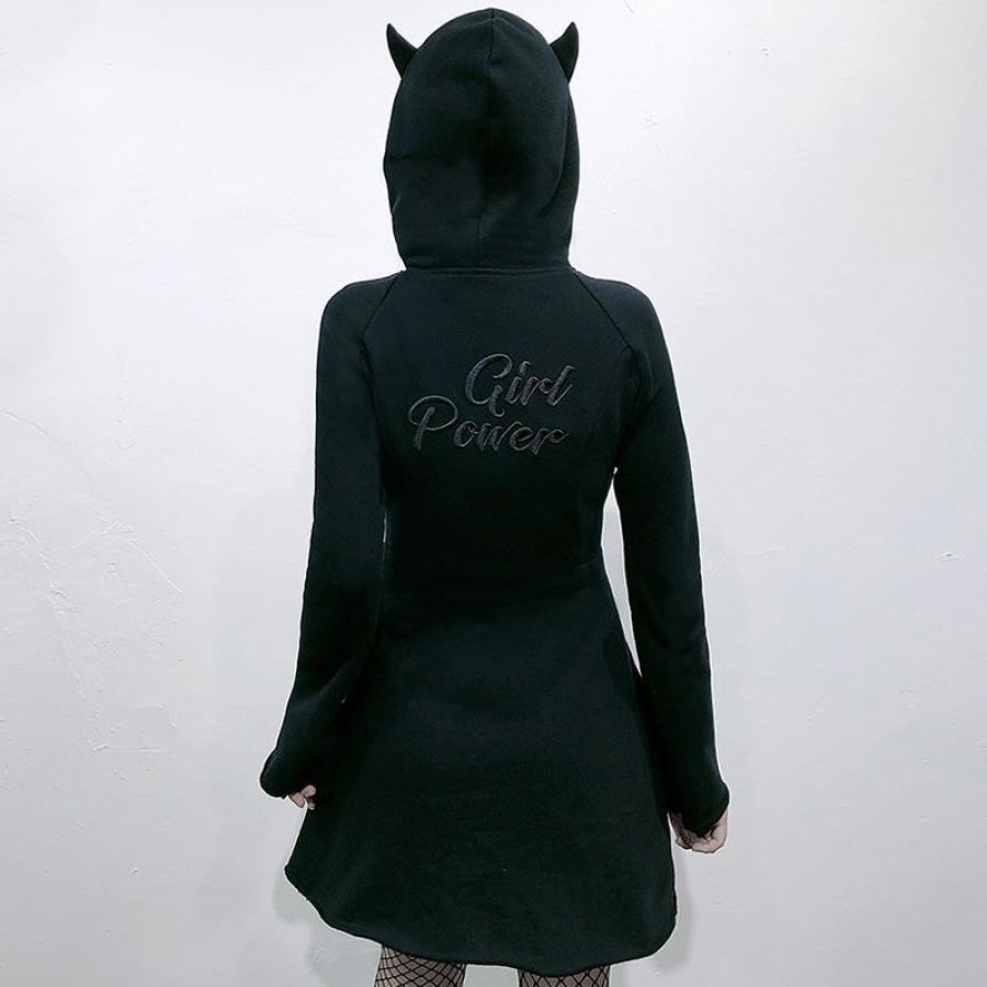 Solid Girl Power Character Devil Horns Zipper Hooded A-Line Dress