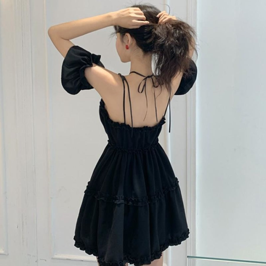 Women Off-shoulder Dress, Adults Tie-up Backless Solid Color/Dot Print  Square Collar Lantern Sleeve One-piece - Walmart.com