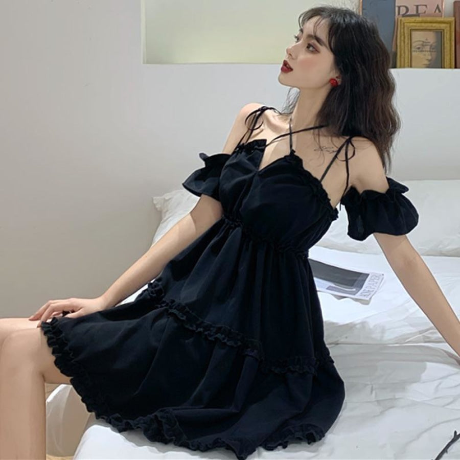 Solid Off- Shoulder Ruffle Halter Dress J40185 - cosfun