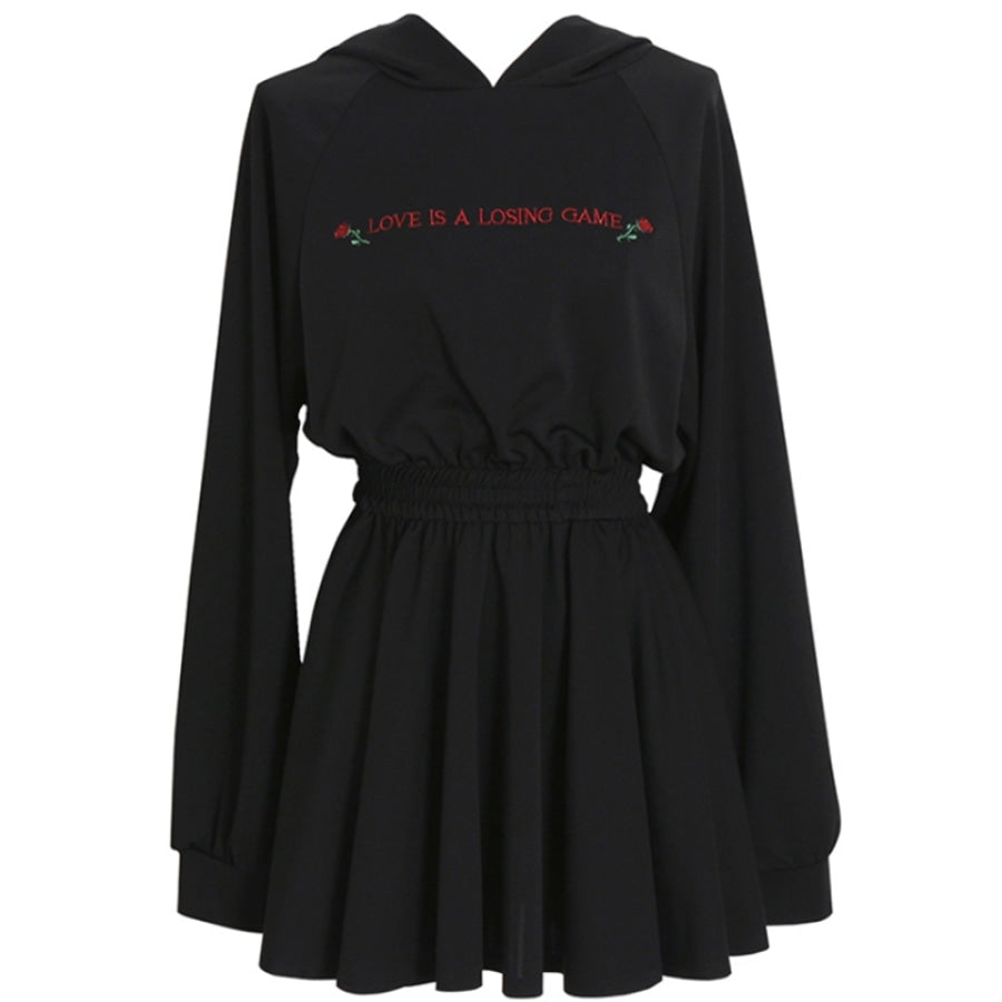 Solid Rose Characters Shirring Hooded Dress J40123 Black / S