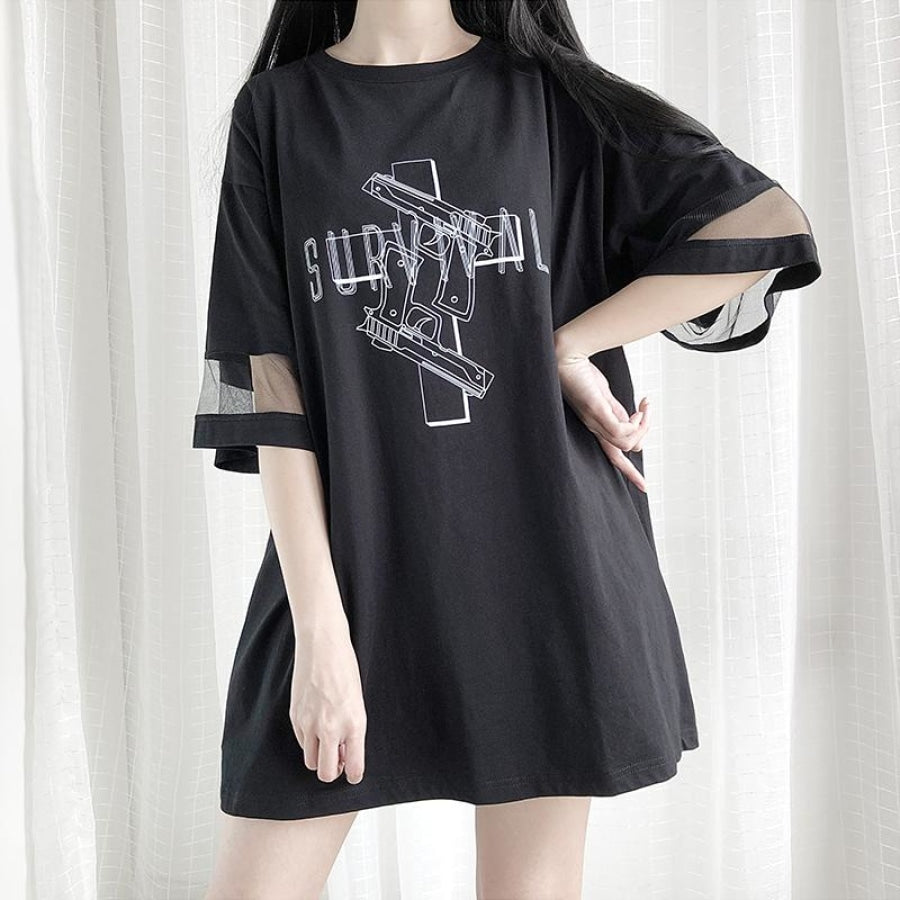 Solid Survival Gun Cross Print Mesh Oversize Dress