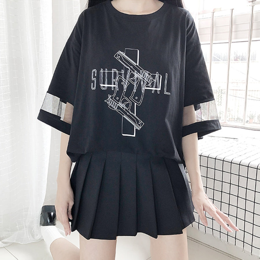 Solid Survival Gun Cross Print Mesh Oversize Dress