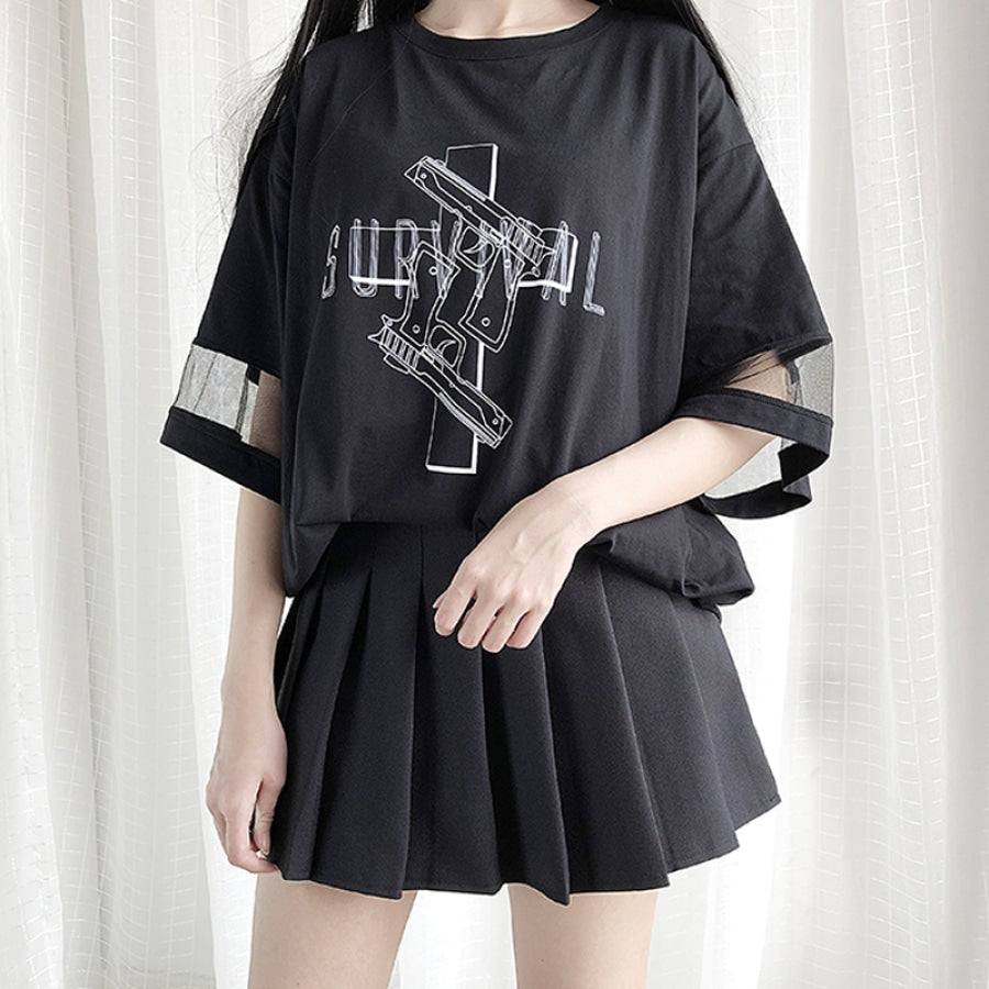 Solid Survival Gun Cross Print Mesh Oversize Dress