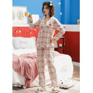 gillaimar pajamas women's autumn long-sleeved cartoon strawberry bear  squirrel plaid cardigan bear home clothes