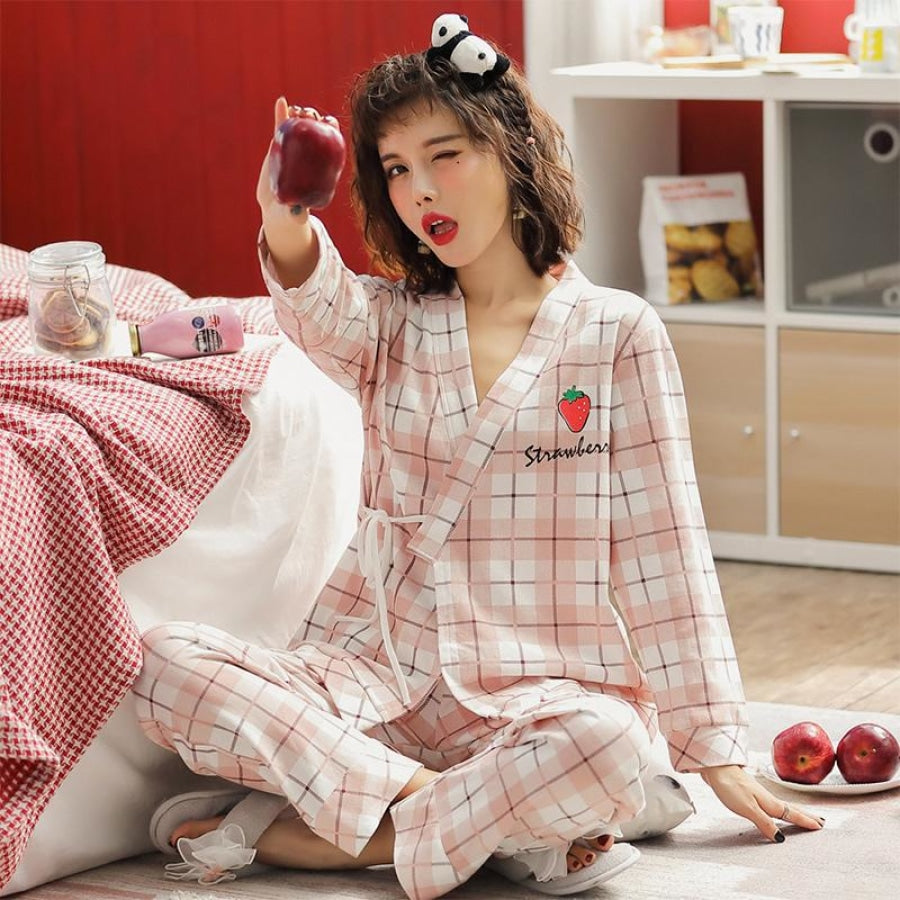 Strawberry Bear Printing Japanese Style Plaid Pajama Set Pajamas