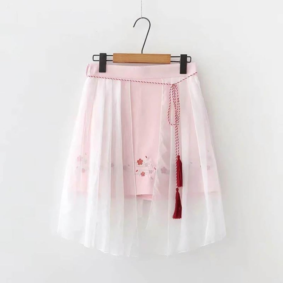 Sweet Sakura Embroidery Tassels Tulle Skirt