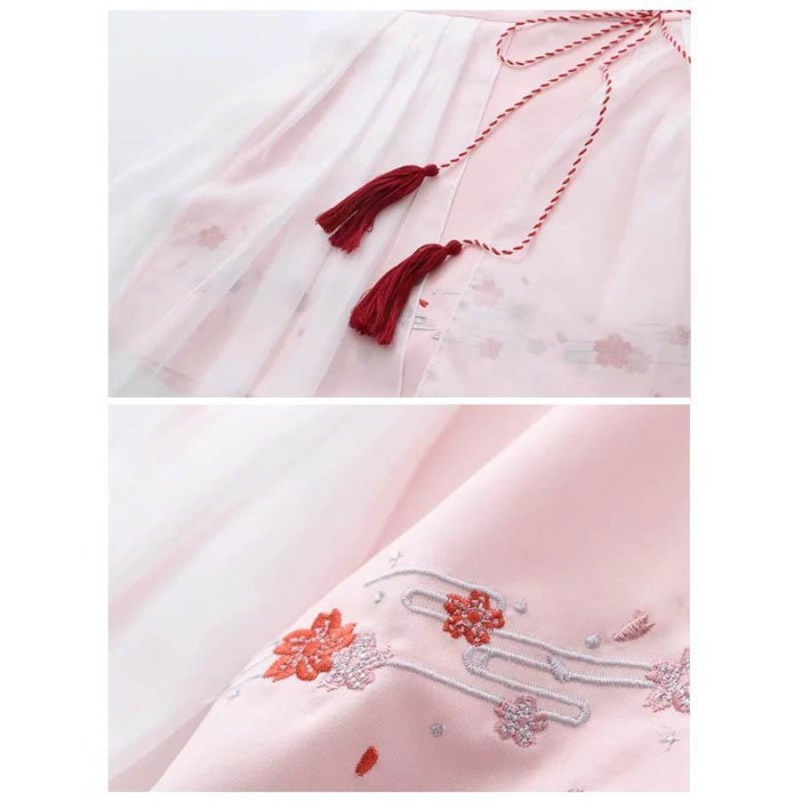 Sweet Sakura Embroidery Tassels Tulle Skirt