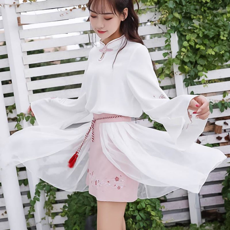 Sweet Sakura Embroidery Tassels Tulle Skirt