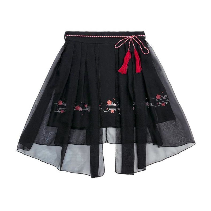 Sweet Sakura Embroidery Tassels Tulle Skirt